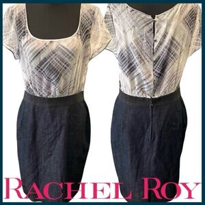 Rachel Roy Signature White Grey Silk Back Button Top Denim Skirt Dress (14)